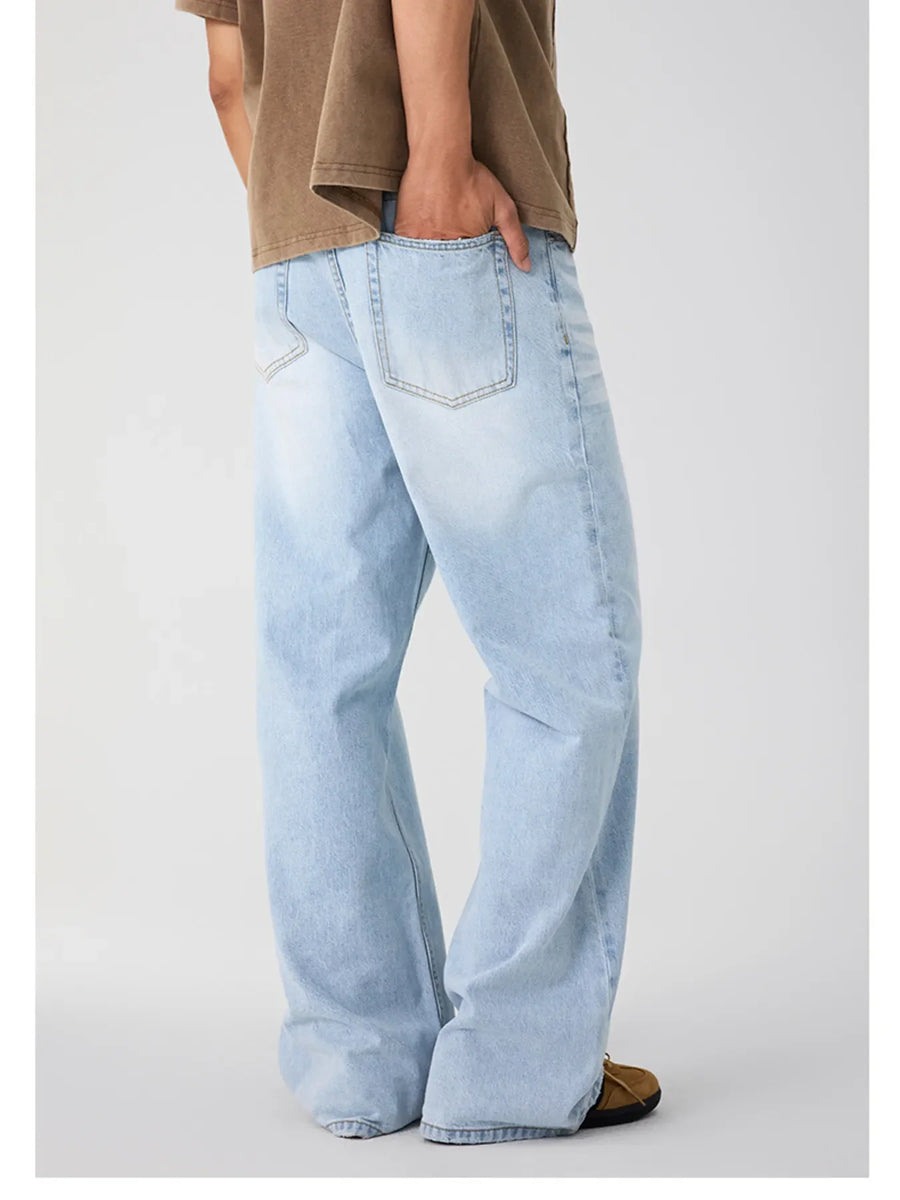 Washed wide-leg men's jeans in Glacier Blue denim with a relaxed fit.