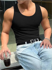 Black ribbed men's tank top with a crew neck and body-hugging fit.
