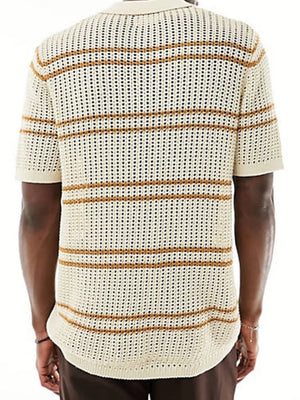 Open-knit polo shirt in khaki with horizontal brown stripes and short sleeves.