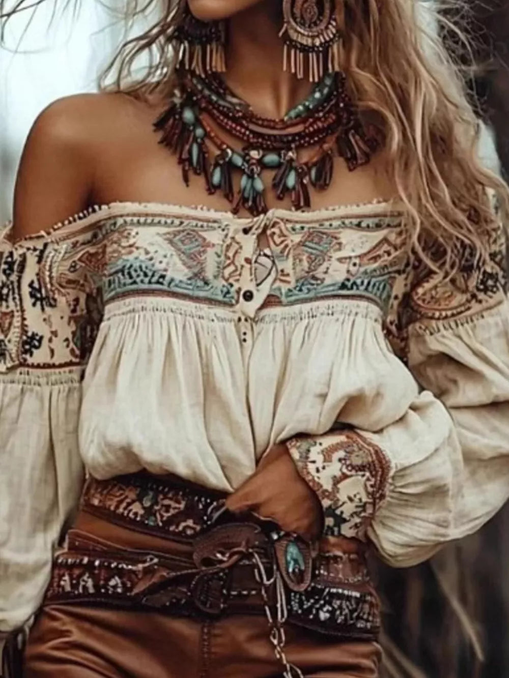 cream off-shoulder top with geometric and off-shoulder