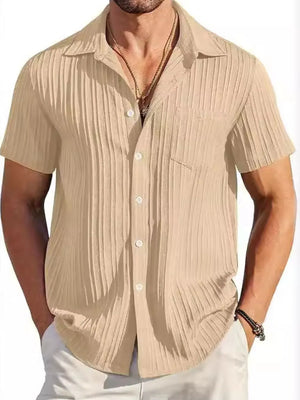 Khaki textured pleated resort shirt with short sleeves and button front.