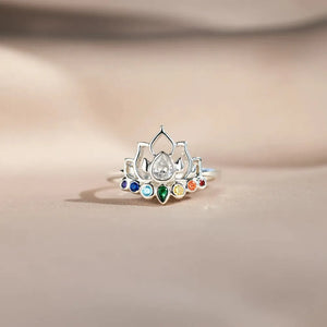 Sterling silver ring with lotus design and colorful chakra gemstones.