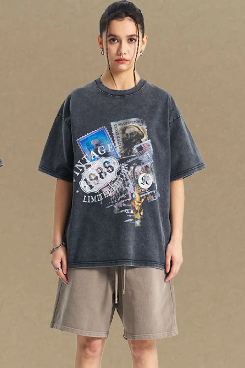Black oversized t-shirt with vintage stamp graphic and "1988 Limited" text.