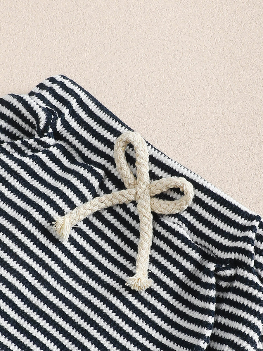 Children's navy and white striped cotton sweatshirt and pants set with rope drawstring detail.