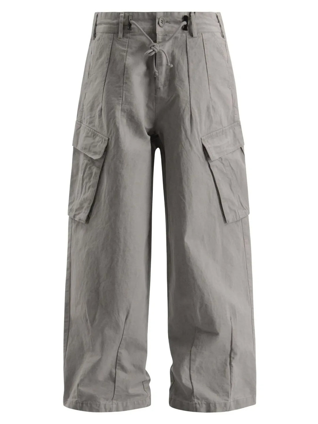 Light gray relaxed fit drawstring cargo pants with flap pockets and wide legs.