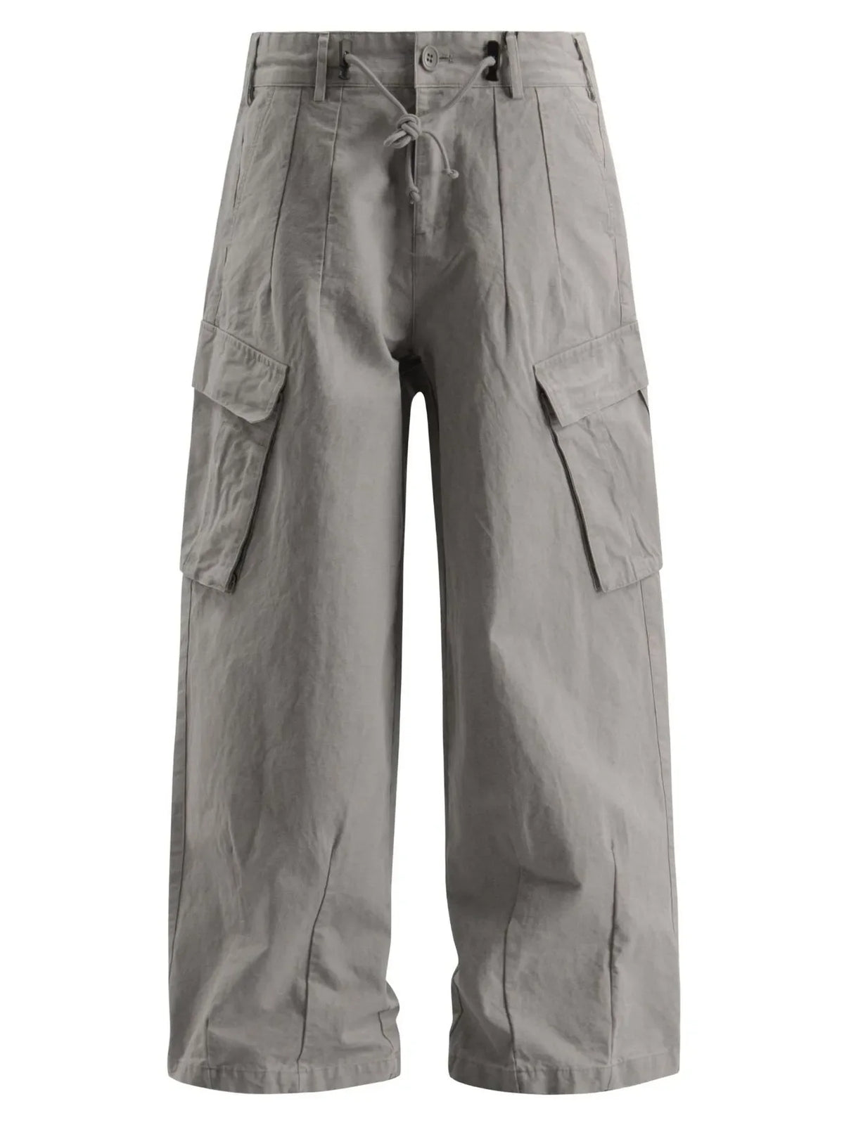 Light gray relaxed fit drawstring cargo pants with flap pockets and wide legs.