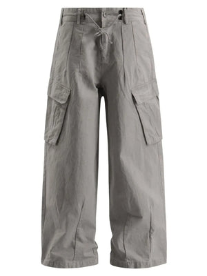 Light gray relaxed fit drawstring cargo pants with flap pockets and wide legs.