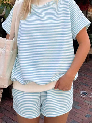 Striped short sleeve top and shorts set in light blue and white, with cream trim.