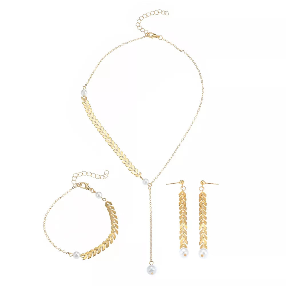 Wheat-spike 18k Gold-plated Faux Pearl Jewelry Set in Gold, view 11