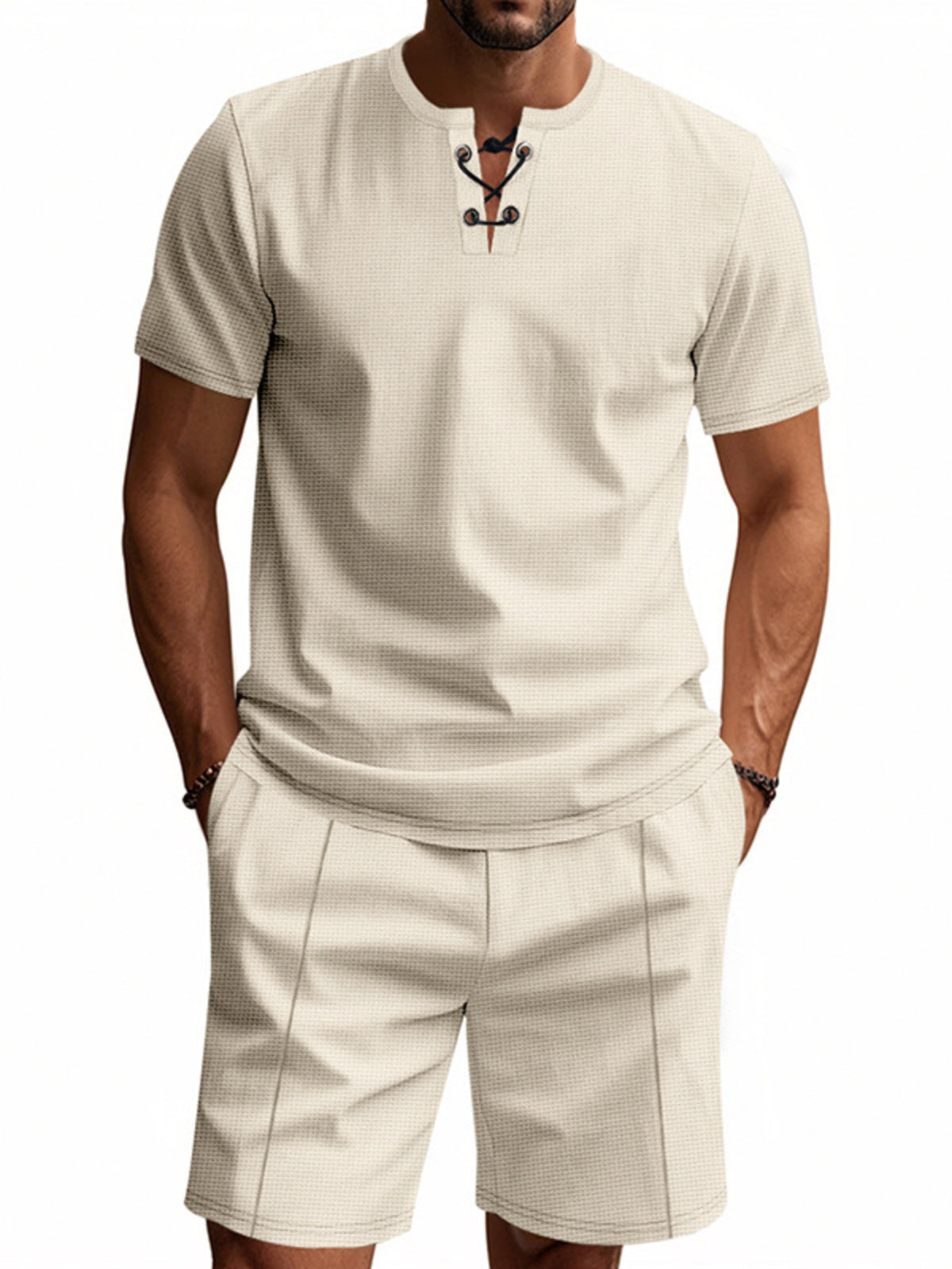 Men's khaki lace-up V-neck casual short-sleeve shirt and shorts set