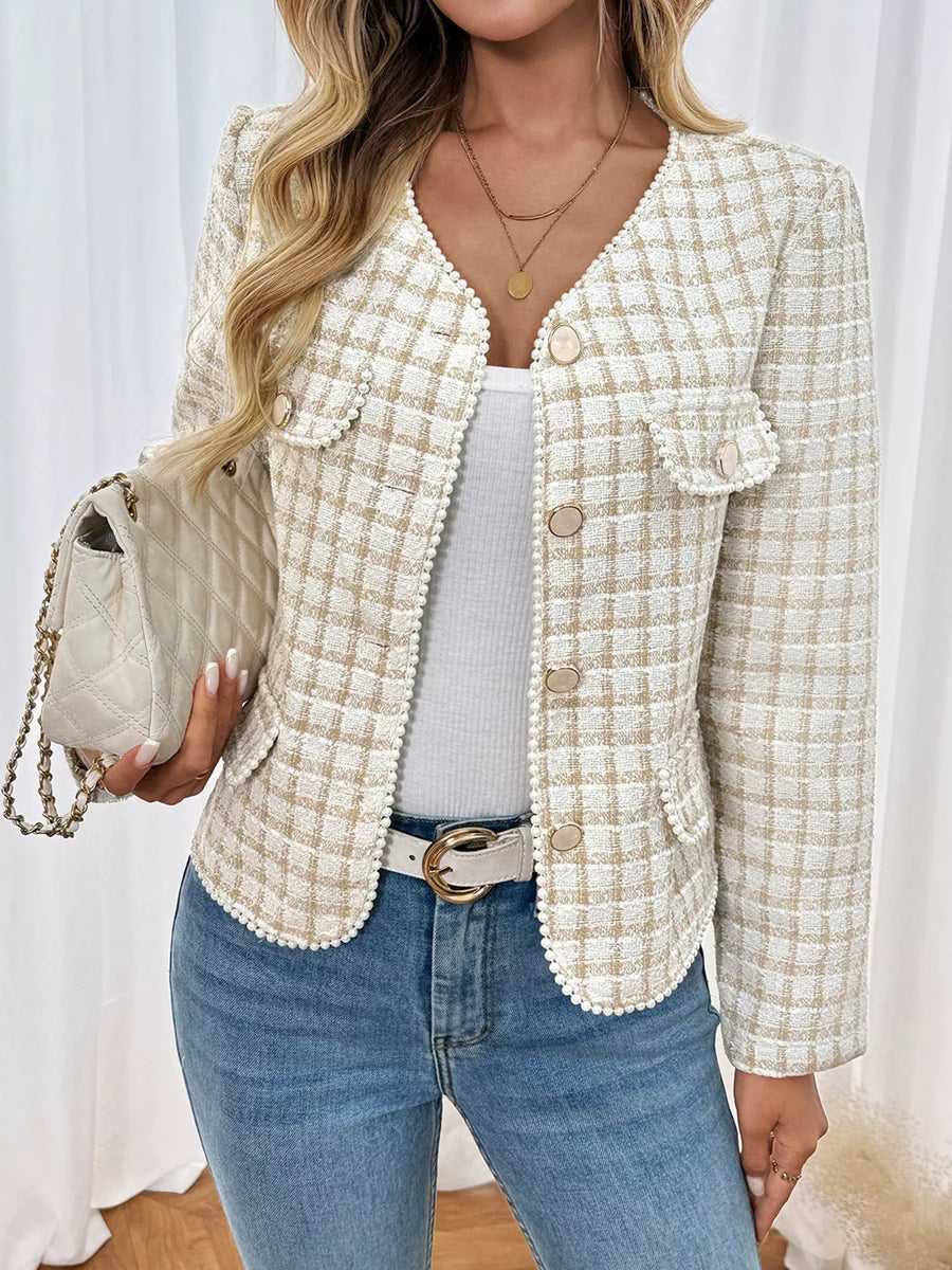 Apricot tweed button up jacket with pearl trim and gold buttons.