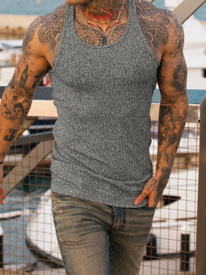 Gray ribbed muscle tank with a scoop neck and sculpted fit.