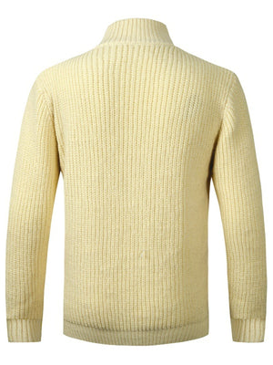 light yellow cardigan with hip-length and button-front