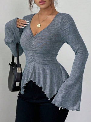 Ruched Flared Sleeves Peplum T-Shirt in charcoal