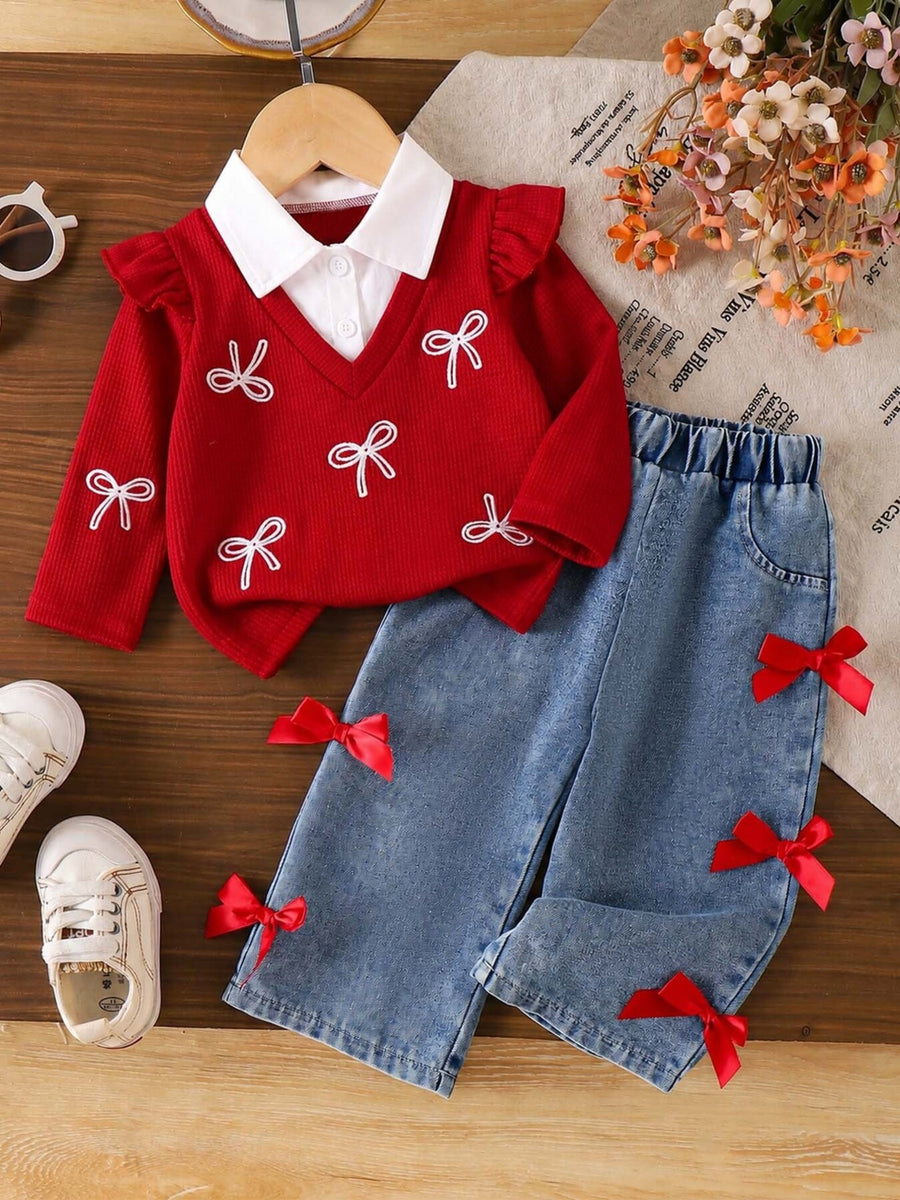 light blue pullover sweater featuring ruffled and bows