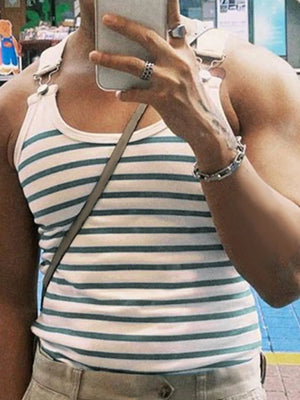 Harness-detail breton stripe tank top in Air Force Blue with white stripes.