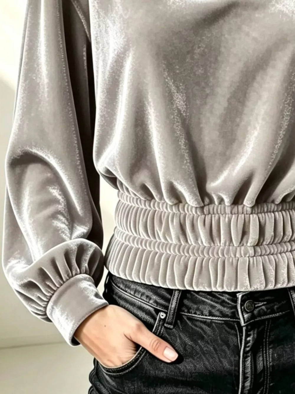 blouse in Sky Blue with smocked and hip-length