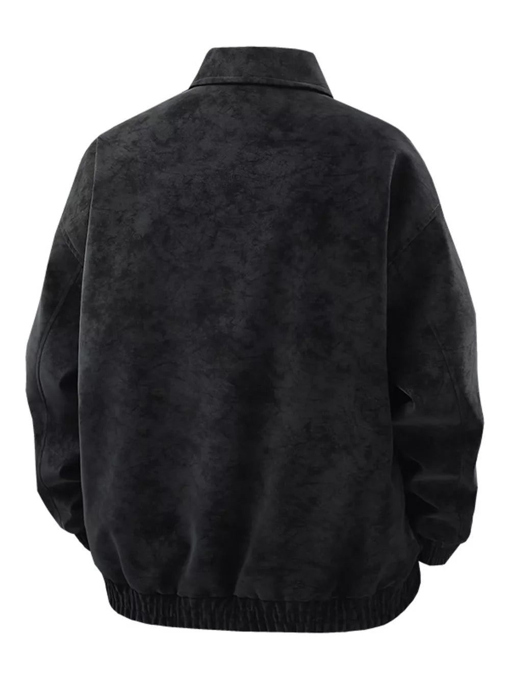 Distressed faux leather zip jacket in black with a collared neckline and elasticated hem.