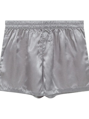 Gray satin boxer shorts with elastic waistband and fly detail