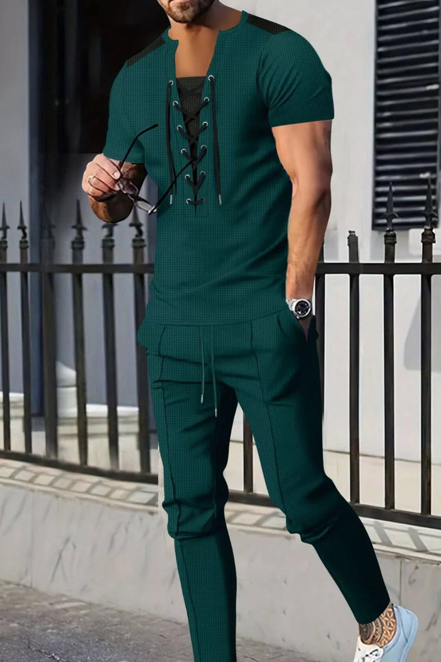 Grey Men's Full Size Lace-up Front Top And Pants Set