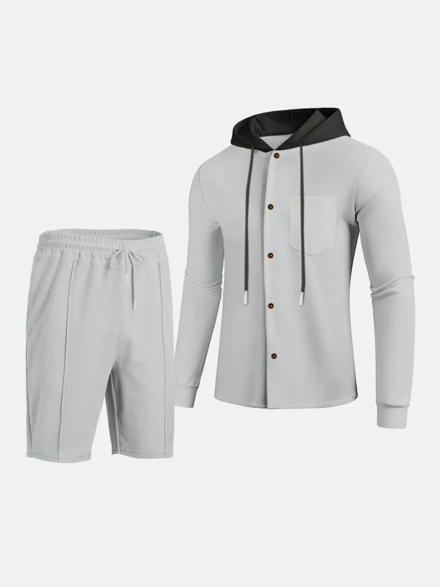 White with Men's Casual Hooded Button-up Shirt And Shorts Set in White