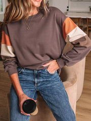 Color Block Drop Shoulder Pullover Sweatshirt in Coffee Brown