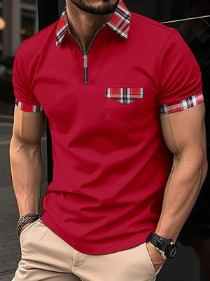 Deep Red polo shirt with plaid trim on collar, pocket and sleeves, quarter zip neckline