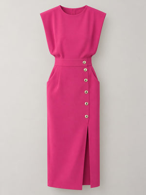 classic midi dress in Green with round neck
