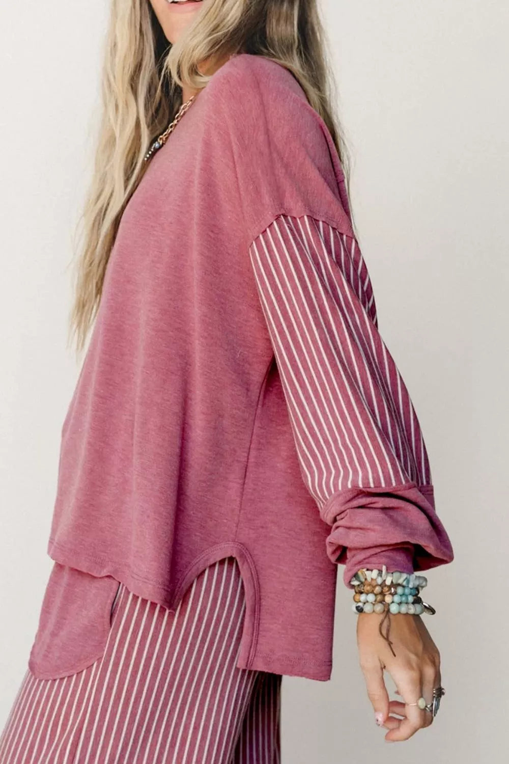 Cerise Edge Patchwork Long Sleeve Top & Casual Pants Set
