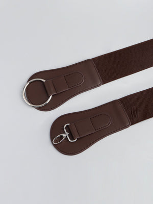 Brown elastic cincher belt with sculpted buckle and alloy clasp detail