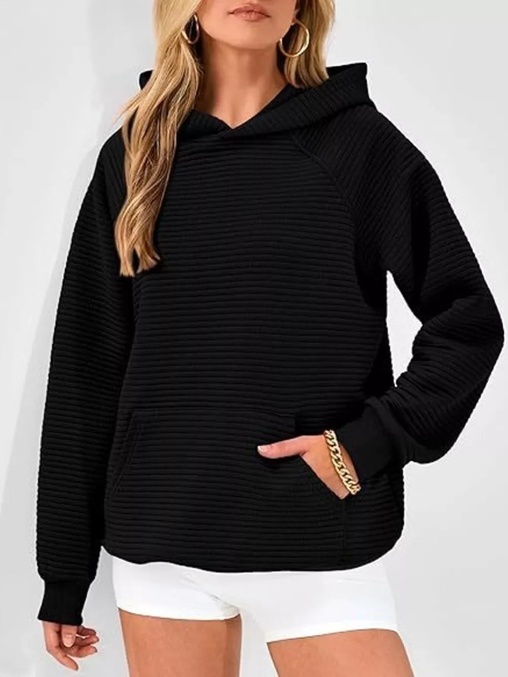 Pink pullover hoodie with hip-length and pullover