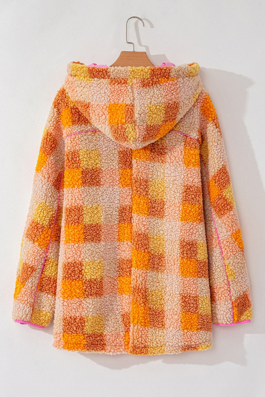 Checkerboard sherpa jacket in tangerine with contrast pink trim and hood