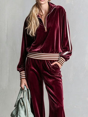 Striped Half Zip Top And Pants Set in Burgundy with contrast stitching