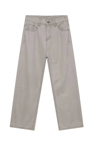 Gray wide-leg denim trousers with seam details and a relaxed fit.