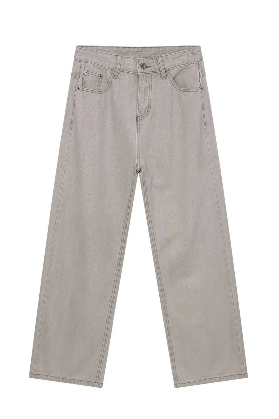 Gray wide-leg denim trousers with seam details and a relaxed fit.