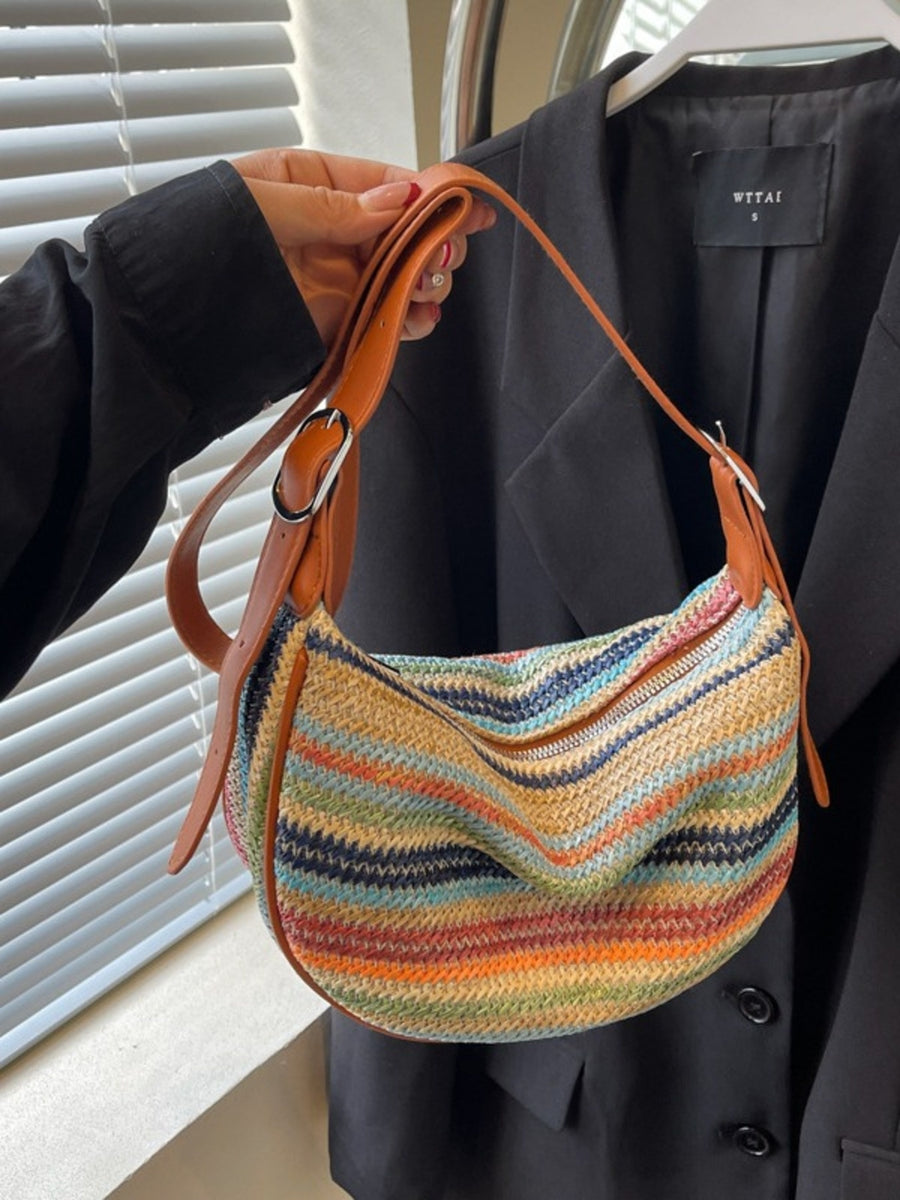 beige Straw weaving Imported Size &amp crossbody bag with striped and zip-front