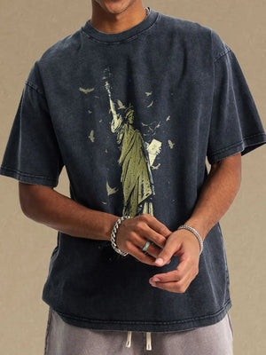 Black vintage wash t-shirt with Statue of Liberty graphic and birds