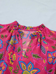 Floral midi dress with ruffled neckline and V-split, cotton blend, cerise with blue and yellow floral print.