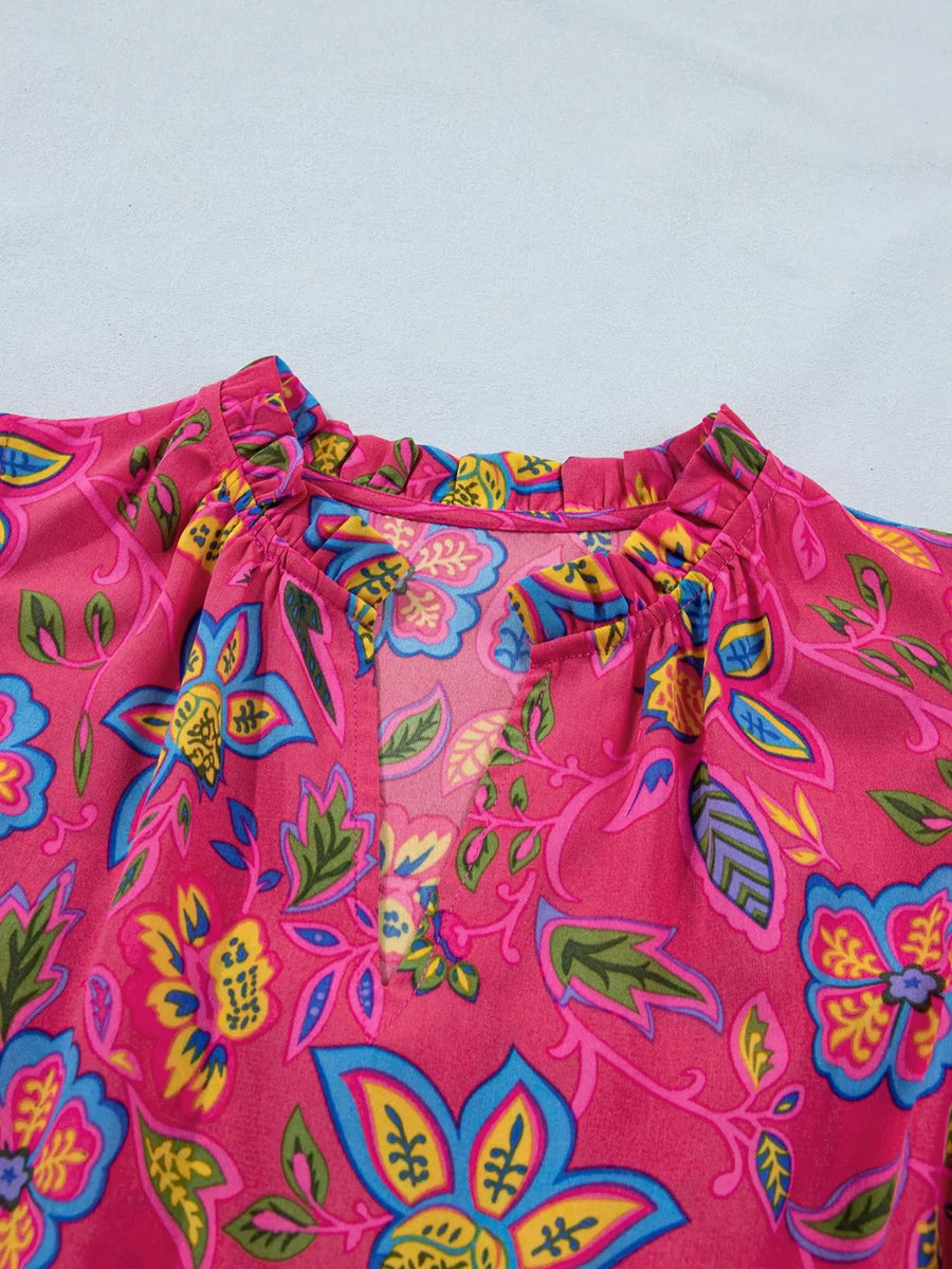 Floral midi dress with ruffled neckline and V-split, cotton blend, cerise with blue and yellow floral print.