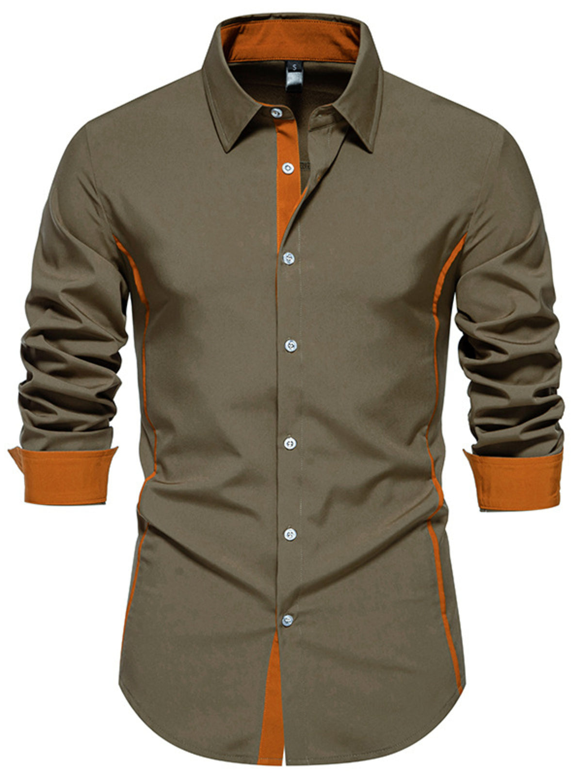 Olive green button-down shirt with contrast orange trim and cuffs