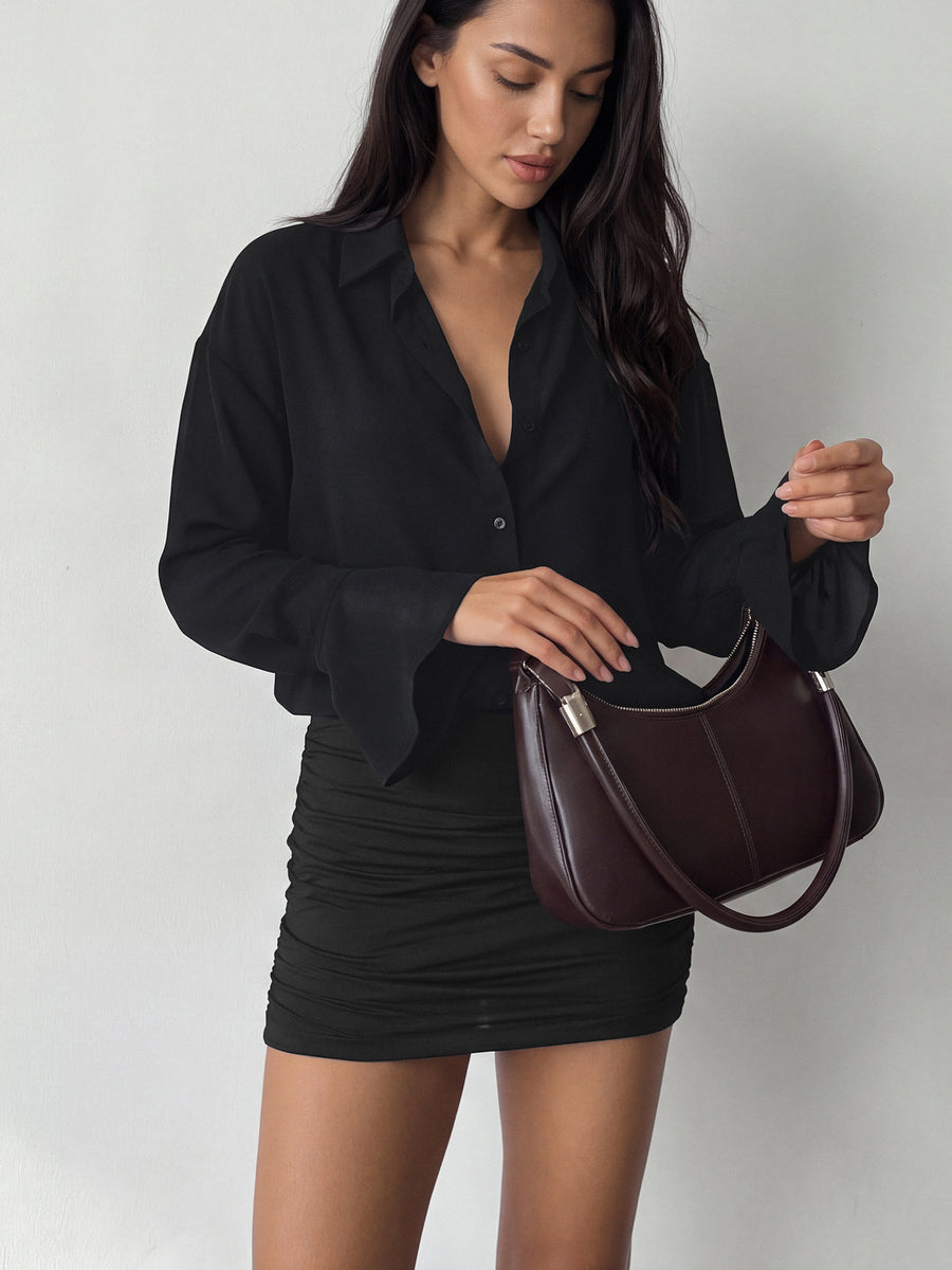 black shirt dress with ruched and flounce sleeve