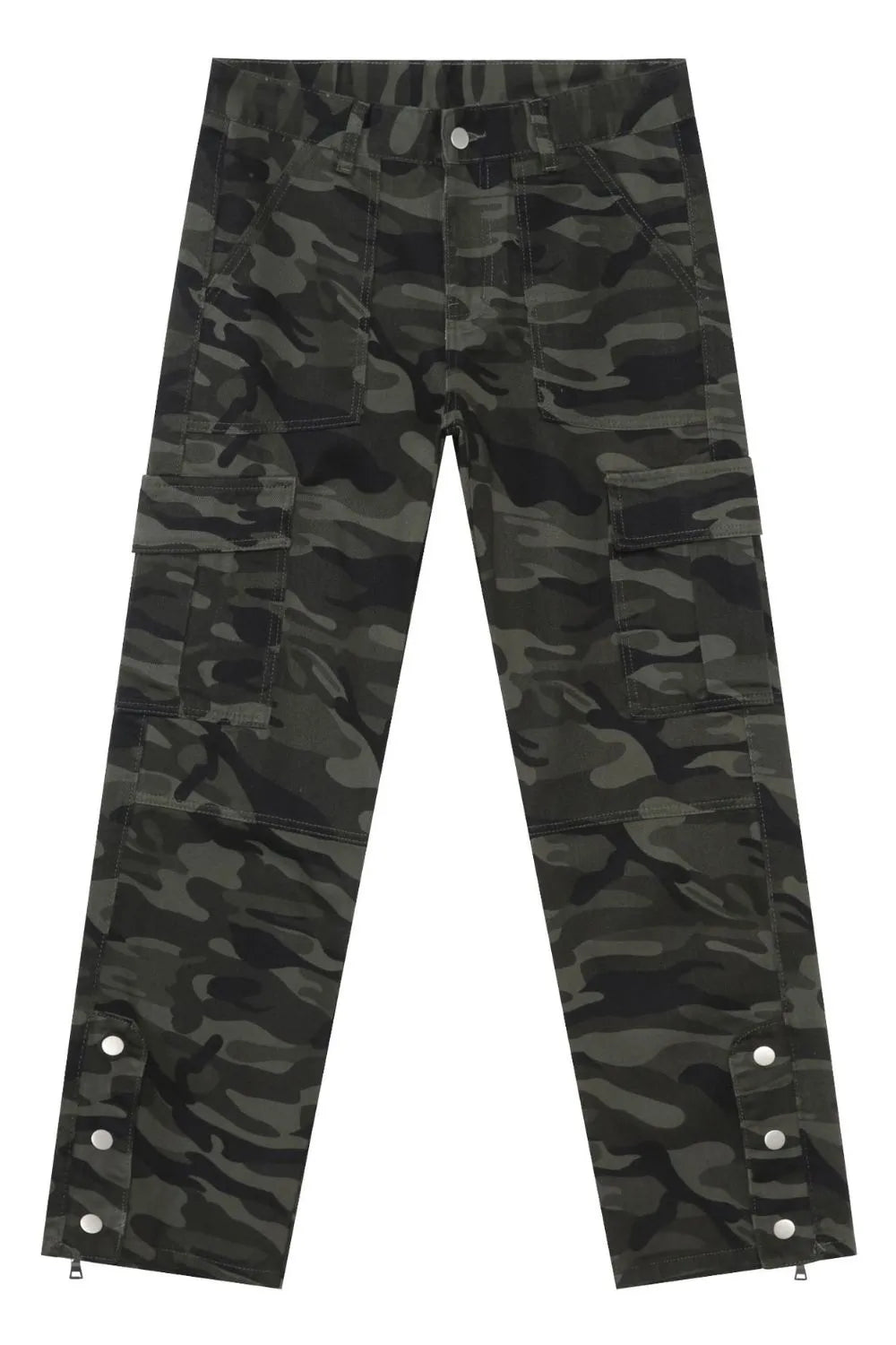 Camouflage utility flare trousers with multiple cargo pockets and adjustable snap detail at the hem.