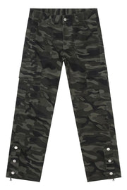 Camouflage utility flare trousers with multiple cargo pockets and adjustable snap detail at the hem.