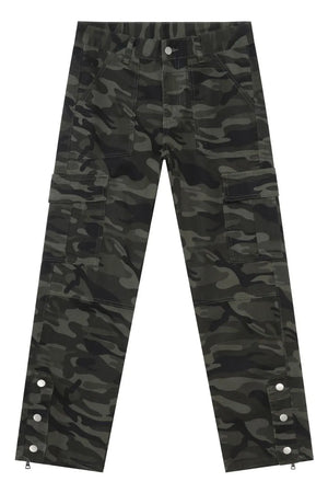 Camouflage utility flare trousers with multiple cargo pockets and adjustable snap detail at the hem.