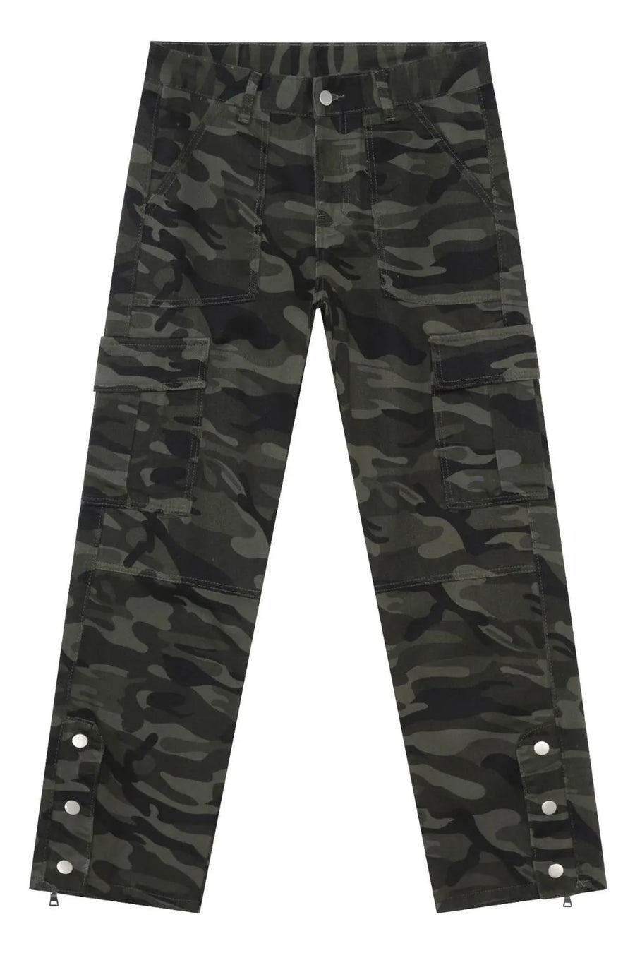 Camouflage utility flare trousers with multiple cargo pockets and adjustable snap detail at the hem.