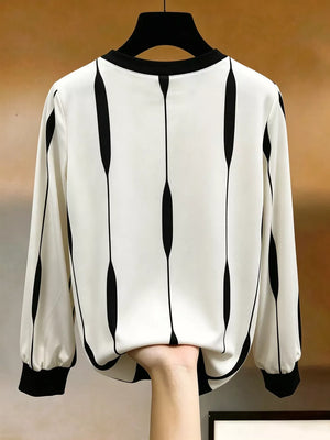 Contrast Vertical Stripe Long Sleeve Blouse in White