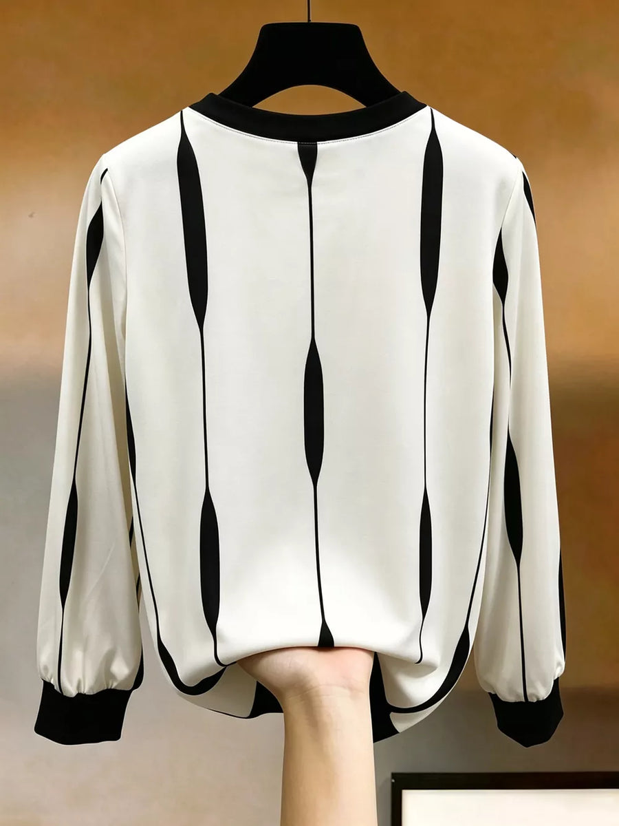 Contrast Vertical Stripe Long Sleeve Blouse in White