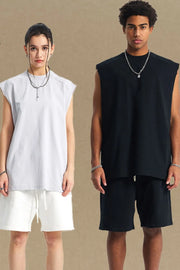 Boxy shoulder cut tank top in light gray and black with a relaxed fit.