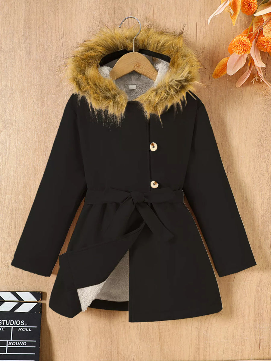 Black belted faux fur hooded baby coat with button closure and tie waist.