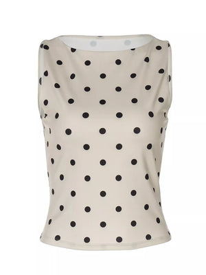 Chic polka dot tank top in khaki with a boat neck and cropped fit.